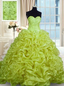 Pick Ups With Train Ball Gowns Sleeveless Olive Green Sweet 16 Quinceanera Dress Sweep Train Lace Up