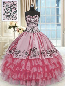 Ruffled Rose Pink Sleeveless Organza and Taffeta Lace Up Quinceanera Gowns for Military Ball and Sweet 16 and Quinceanera