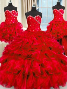 Glittering Four Piece Sleeveless Floor Length Beading and Ruffles and Ruching Lace Up Quinceanera Dress with Red