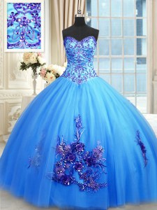 Dynamic Sweetheart Sleeveless Lace Up Quince Ball Gowns Blue Tulle