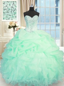 Fantastic Organza Sweetheart Sleeveless Lace Up Beading and Ruffles Sweet 16 Dresses in Apple Green