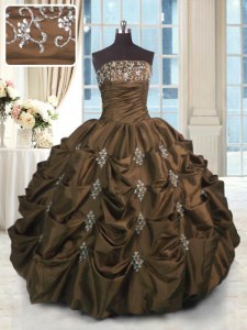 Charming Pick Ups Ball Gowns 15th Birthday Dress Chocolate Strapless Taffeta Sleeveless Floor Length Lace Up