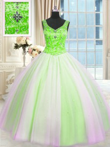 Multi-color V-neck Neckline Beading and Sequins Quince Ball Gowns Sleeveless Lace Up