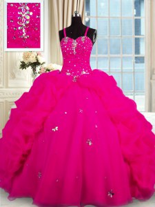 Fuchsia Sleeveless With Train Beading Lace Up Quinceanera Dress