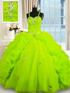 Sleeveless Floor Length Beading and Pick Ups Lace Up Vestidos de Quinceanera with Yellow Green