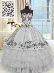 Halter Top Grey Organza and Taffeta Lace Up Quinceanera Gown Sleeveless Floor Length Beading and Embroidery and Ruffled Layers