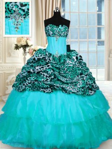 Custom Made Printed Aqua Blue Vestidos de Quinceanera Military Ball and Sweet 16 and Quinceanera and For with Beading and Ruffled Layers Strapless Sleeveless Sweep Train Lace Up