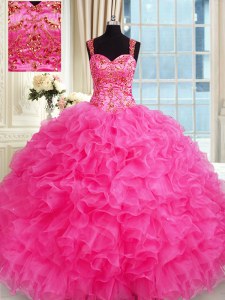 Floor Length Lace Up Sweet 16 Dresses Hot Pink for Military Ball and Sweet 16 and Quinceanera with Embroidery and Ruffles