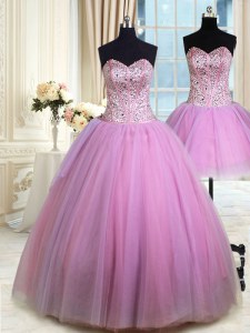 Attractive Three Piece Lilac Sleeveless Tulle Lace Up 15 Quinceanera Dress for Military Ball and Sweet 16 and Quinceanera