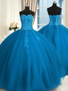 Ideal Teal Sleeveless Tulle Lace Up Sweet 16 Quinceanera Dress for Military Ball and Sweet 16 and Quinceanera