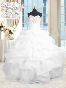 White Organza Lace Up Sweetheart Sleeveless Floor Length Sweet 16 Quinceanera Dress Beading and Ruffles
