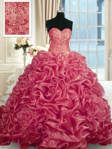Customized Red Sleeveless With Train Beading and Pick Ups Lace Up Quinceanera Gown