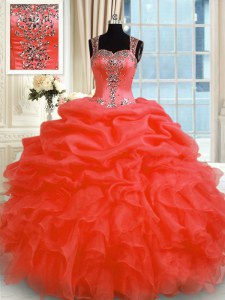 Red Ball Gowns Straps Sleeveless Organza Floor Length Zipper Beading and Ruffles Vestidos de Quinceanera