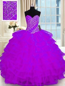 Purple Ball Gowns Organza Sweetheart Sleeveless Beading and Ruffled Layers Floor Length Lace Up Quinceanera Gown