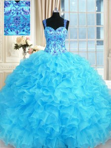 Baby Blue Quinceanera Dresses Military Ball and Sweet 16 and Quinceanera and For with Embroidery and Ruffles Straps Sleeveless Lace Up