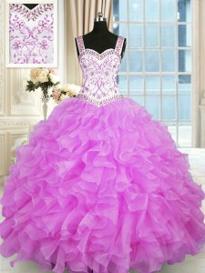 Straps Sleeveless Quinceanera Gowns Floor Length Beading and Ruffles Lilac Organza
