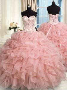 Organza Sweetheart Sleeveless Lace Up Beading and Ruffles Ball Gown Prom Dress in Baby Pink