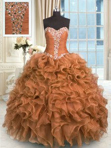 Admirable Brown 15 Quinceanera Dress Military Ball and Sweet 16 and Quinceanera and For with Beading and Ruffles Sweetheart Sleeveless Lace Up