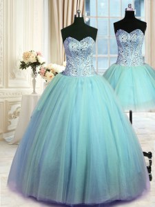 Three Piece Beading Sweet 16 Dresses Blue Lace Up Sleeveless Floor Length