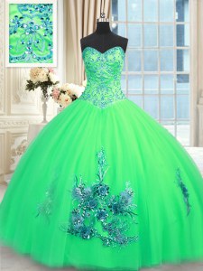 Deluxe Turquoise Tulle Lace Up Sweetheart Sleeveless Floor Length Quinceanera Dresses Beading and Appliques and Embroidery