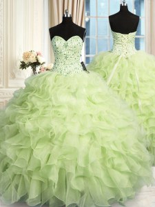 Romantic Yellow Green Sweetheart Lace Up Beading and Ruffles 15 Quinceanera Dress Sleeveless