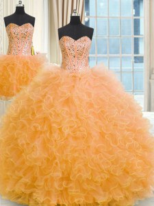 Three Piece Orange Sleeveless Floor Length Beading and Ruffles Lace Up Quinceanera Gowns