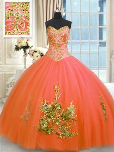 Orange Red Sleeveless Beading and Appliques and Embroidery Floor Length 15th Birthday Dress
