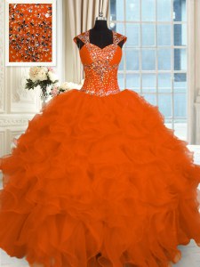 Orange Red Straps Neckline Beading and Ruffles Ball Gown Prom Dress Cap Sleeves Lace Up