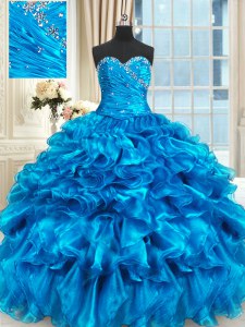 Custom Design Baby Blue Lace Up Quinceanera Dress Beading and Ruffles Sleeveless Floor Length