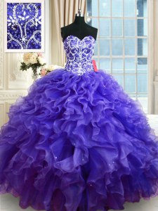 Sweetheart Sleeveless Ball Gown Prom Dress Floor Length Beading and Ruffles Purple Organza