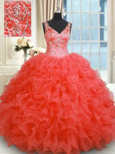Fabulous Floor Length Ball Gowns Sleeveless Coral Red 15 Quinceanera Dress Zipper