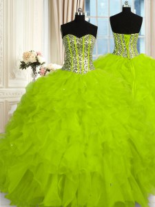 Exquisite Yellow Green Organza Lace Up Quinceanera Gowns Sleeveless Floor Length Beading and Ruffles