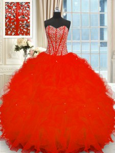 Eye-catching Red Ball Gowns Organza Strapless Sleeveless Beading and Ruffles Floor Length Lace Up Sweet 16 Dress