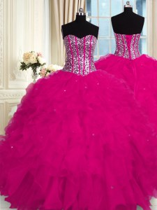 Fuchsia Sleeveless Beading and Ruffles Floor Length Quinceanera Gowns