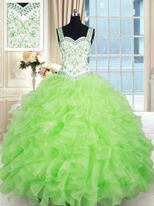 Yellow Green Ball Gowns Straps Sleeveless Organza Floor Length Lace Up Beading and Ruffles Quinceanera Gown