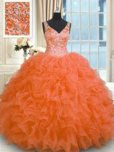 Designer Sleeveless Floor Length Beading and Ruffles Zipper Sweet 16 Quinceanera Dress with Orange Red