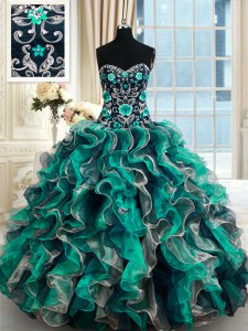 Comfortable Sleeveless Floor Length Appliques Lace Up Sweet 16 Quinceanera Dress with Multi-color