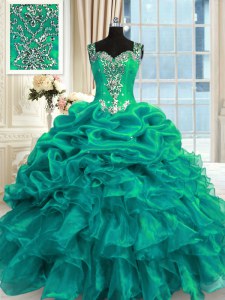 Stylish Turquoise Organza Lace Up Quince Ball Gowns Sleeveless Floor Length Beading and Ruffles and Pick Ups