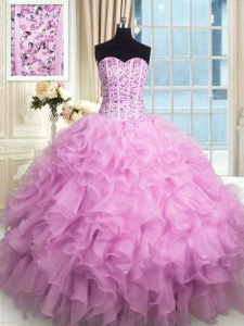 Sequins Ball Gowns Sweet 16 Dresses Lilac Sweetheart Organza Sleeveless Floor Length Lace Up