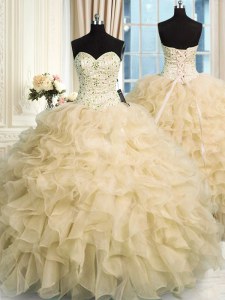 Champagne Sweetheart Neckline Beading and Ruffles Quinceanera Dress Sleeveless Lace Up