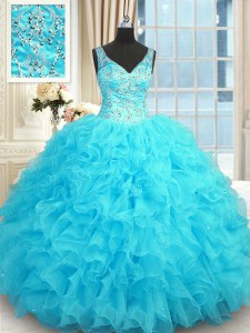 Modern Baby Blue Ball Gowns V-neck Sleeveless Organza Floor Length Zipper Beading and Ruffles Sweet 16 Dresses