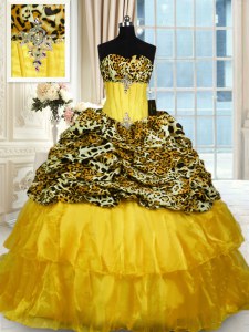 Printed Ruffled Ball Gowns Sleeveless Gold 15 Quinceanera Dress Sweep Train Lace Up