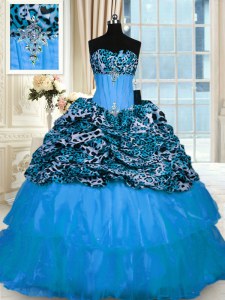 Traditional Printed Ruffled Ball Gowns Sleeveless Baby Blue 15 Quinceanera Dress Sweep Train Lace Up