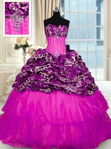 Shining Printed Fuchsia Ball Gown Prom Dress Military Ball and Sweet 16 and Quinceanera and For with Beading and Ruffled Layers and Sequins Strapless Sleeveless Sweep Train Lace Up
