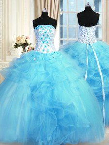 Fancy Pick Ups and Hand Made Flower Sweet 16 Dress Baby Blue Lace Up Sleeveless Floor Length