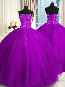 Floor Length Purple Sweet 16 Quinceanera Dress Tulle Sleeveless Appliques and Embroidery