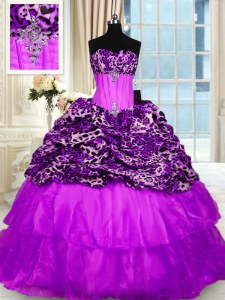Printed Ruffled Purple 15th Birthday Dress Strapless Sleeveless Sweep Train Lace Up