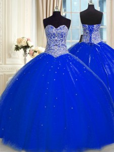 Sleeveless Tulle Floor Length Backless Quinceanera Dress in Royal Blue with Beading and Sequins