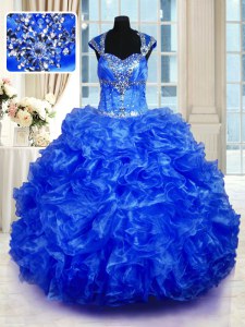 Luxury Straps Cap Sleeves Lace Up 15th Birthday Dress Royal Blue Organza