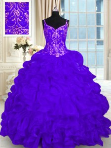 Cheap Sleeveless Organza Brush Train Lace Up Ball Gown Prom Dress in Purple with Beading and Embroidery and Ruffles and Pick Ups